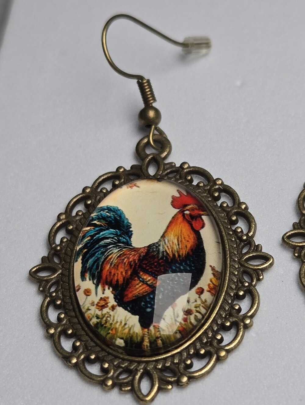 Rooster Earrings Glass Cabochon Antique Gold Filigree Farmhouse Chicken Dangle - Picture 2 of 5